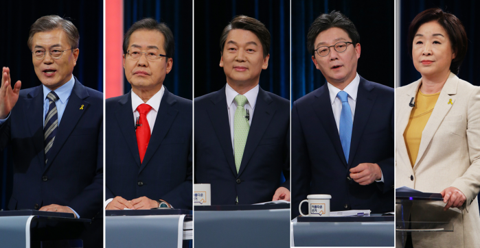 왼쪽부터 문재인 더불어민주당 후보, 홍준표 자유한국당 후보, 안철수 국민의당 후보, 유승민 바른정당 후보, 심상정 정의당 후보. - 동아일보DB 제공